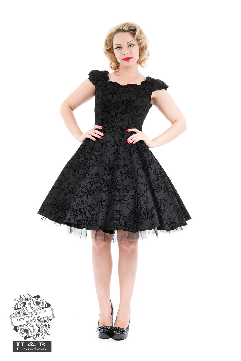 Black Flocked Evening Swing Dress